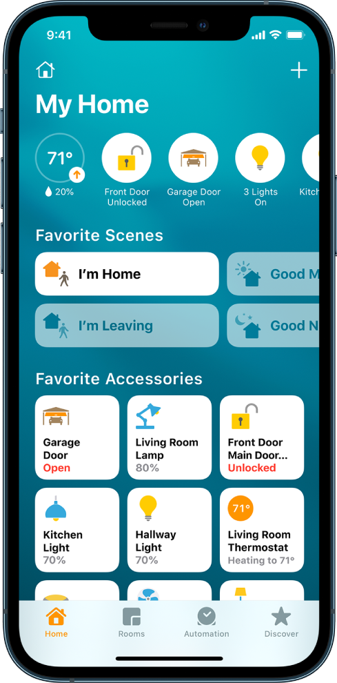 Zavihek Home, na katerem so prikazani scenariji in pripomočki, ki so bili označeni kot priljubljeni. Prikazani so tudi gumbi s stanjem pripomočkov. Druga zavihka na dnu zaslona sta Rooms in Automation.