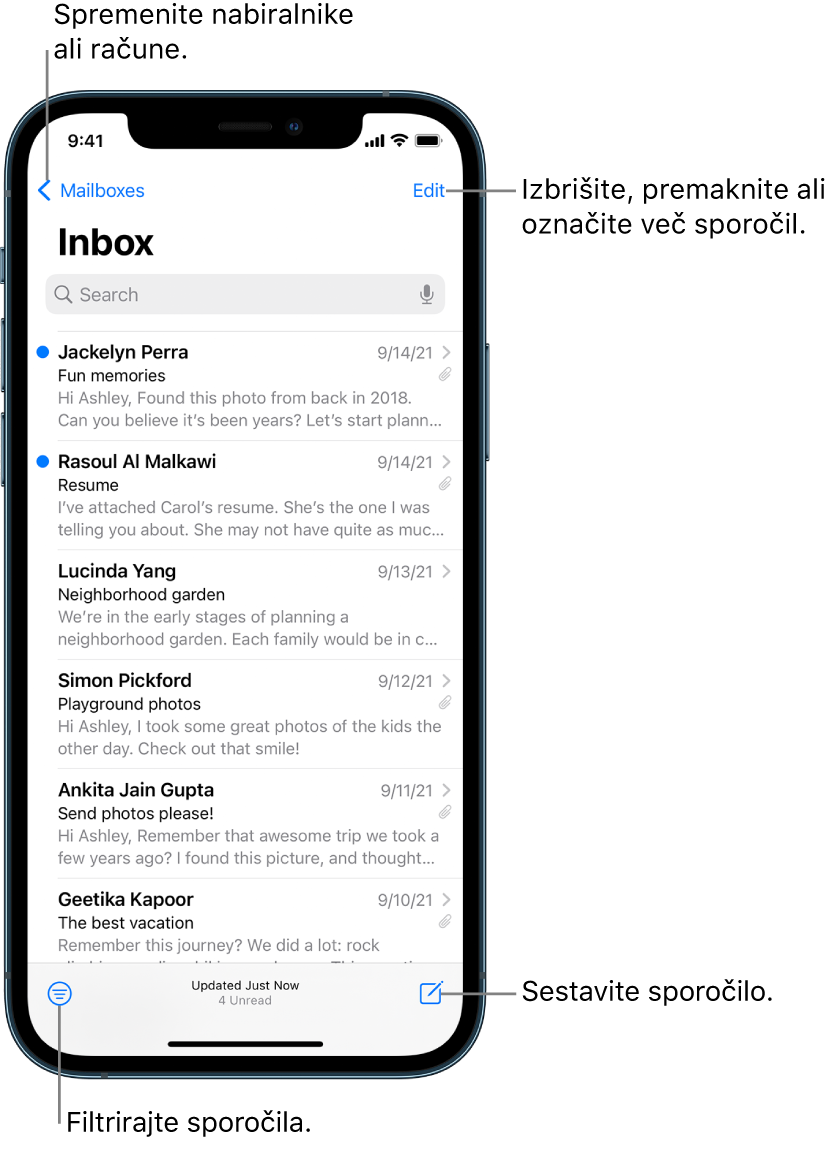Zaslon nabiralnika, na katerem je prikazan seznam e-poštnih sporočil. Gumb Mailboxes za preklapljanje med nabiralniki je v zgornjem levem kotu. Gumb Edit za brisanje, premikanje ali označevanje e-poštnih sporočil je v zgornjem desnem kotu. Gumb za filtriranje e-poštnih sporočil, ki omogoča prikaz le določenih vrst e-poštnih sporočil, je v spodnjem levem kotu. Gumb za ustvarjanje novega e-poštnega sporočila je v spodnjem desnem kotu.