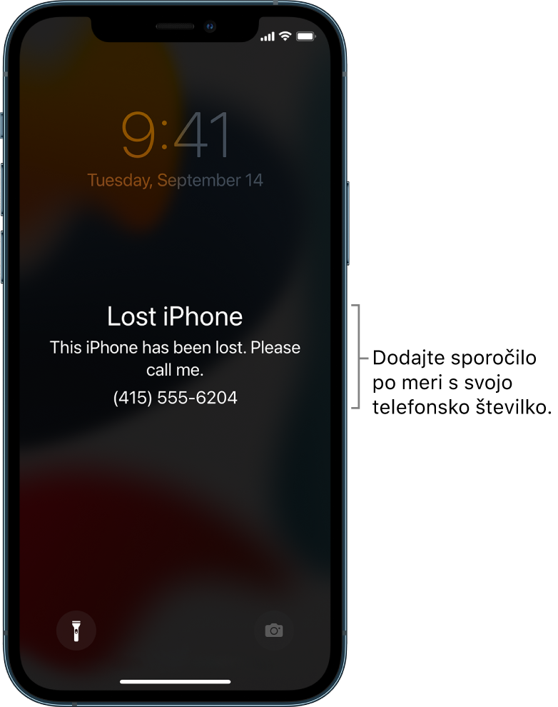 Zaklenjen zaslon naprave iPhone s sporočilom: Lost iPhone. This iPhone has been lost. Please call me. (415) 555-6204.” Dodate lahko sporočilo po meri s svojo telefonsko številko.
