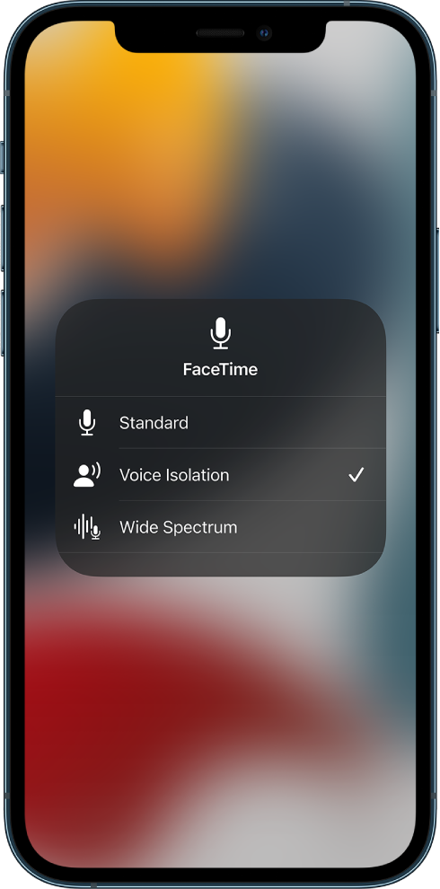 Cilësimet Mic Mode në Control Center për telefonatat e FaceTime, duke shfaqur cilësimet e audios Standard, Voice Isolation dhe Wide Spectrum.