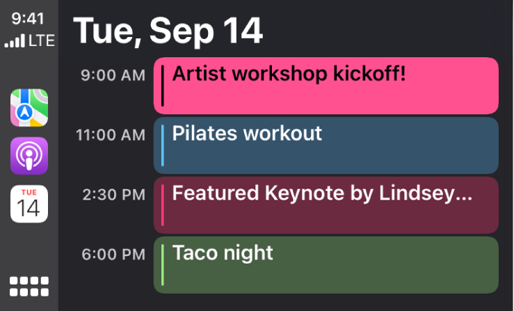 Një ekran kalendari në CarPlay që tregon 4 evenimente për Tuesday, September 15.