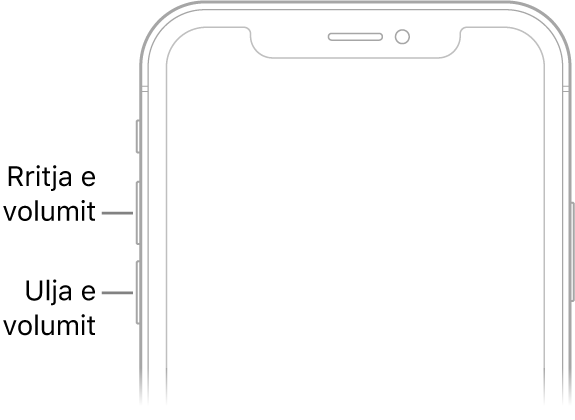 Pjesa e sipërme e pjesës së përparme të iPhone me butonat e rritjes dhe të uljes së volumit në të majtë lart.