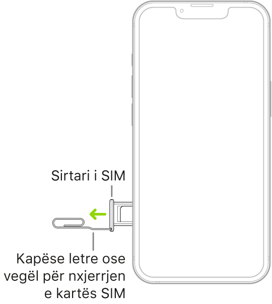 Një kapëse letre ose mjeti i nxjerrjes së SIM futet në vrimën e vogël të mbajtëses në anën e majtë të iPhone për të nxjerrë e hequr mbajtësen.