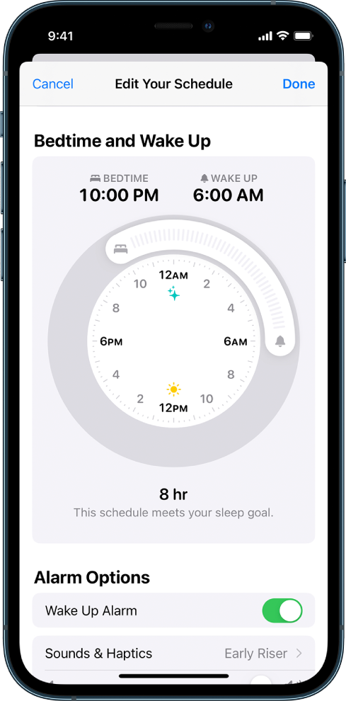 Një ekran që tregon orarin e gjumit që është caktuar për 10:00 pasdite sot dhe orarin e zgjimit që është caktuar për 6:00 paradite nesër. Alarmi i zgjimit është i aktivizuar dhe tingulli i alarmit është Early Riser.