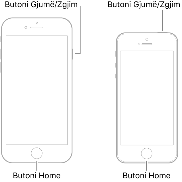 Ilustrimet e dy modeleve të iPhone me ekranet e kthyera lart. Të dyja kanë butonat Home pranë pjesës së poshtme të pajisjeve. Modeli më në të majtë ka një buton Sleep/Wake në anën e djathtë të pajisjes pranë pjesës së sipërme, ndërsa modeli më në të djathtë ka një buton Sleep/Wake në pjesën e sipërme të pajisjes, pranë anës së djathtë.