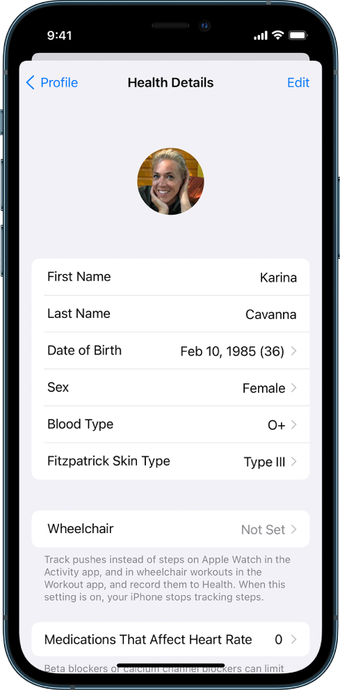 Екран Health Details тридесетшестогодишње женске особе.