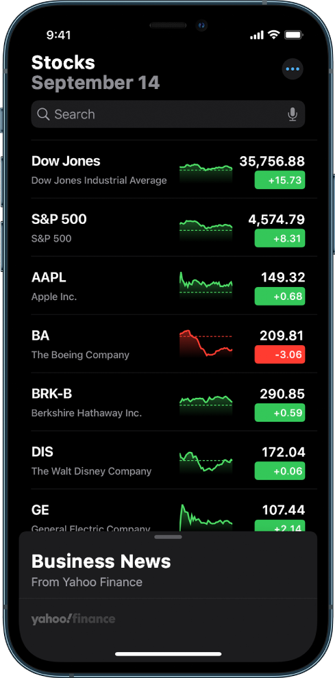 Листа за праћење приказује листу различитих деоница. За сваку деоницу на листи приказани су слева надесно: симбол и назив деонице, графикон учинка, цена деонице и промена цене. При врху екрана, изнад листе за праћење, налази се поље за претрагу. Испод листе за праћење је одељак за Business News. Превуците нагоре преко Business News да бисте приказали приче.