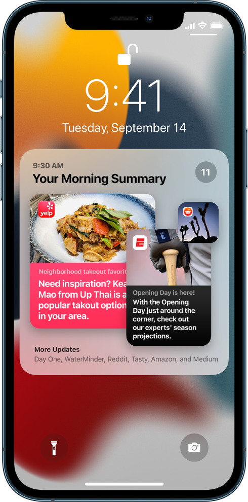 Закључани екран на уређају iPhone на ком је приказан Notification Summary.