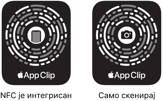 Са леве стране је приказан App Clip Code у ком је интегрисан NFC и у чијој средини се налази икона iPhone. Са десне стране је приказан App Clip Code само за скенирање у чијој средини се налази икона камере.