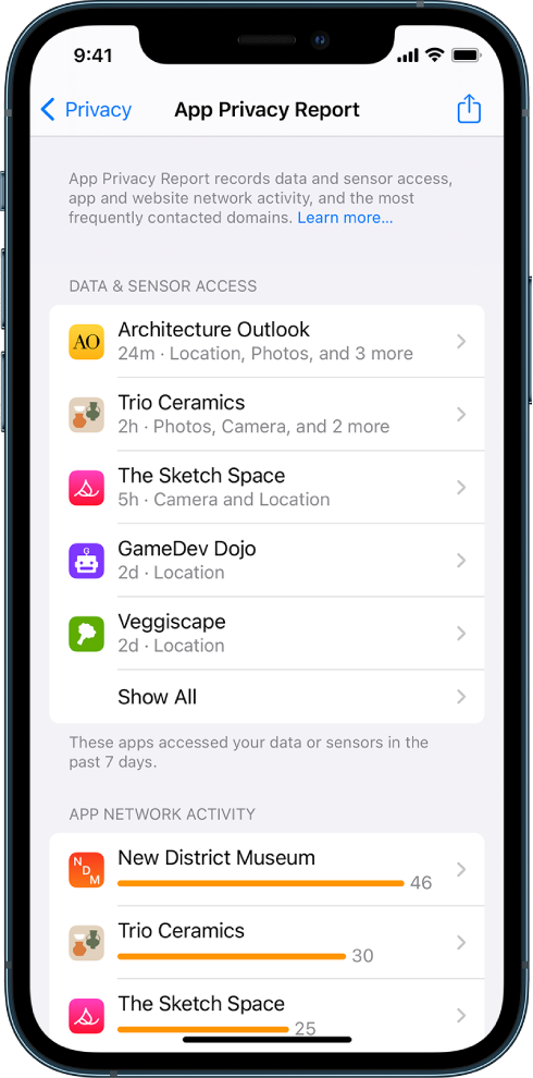 App Privacy Report наводи информације о пет апликација за категорију Data & Sensor Access, као и информације о три апликације за категорију App Network Activity.