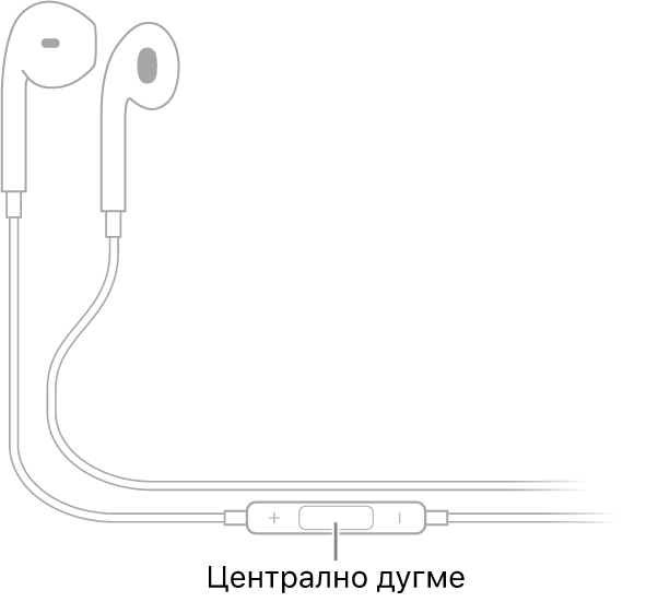 Apple EarPods; централно дугме се налази на каблу који је повезан са бубицом за десно ухо.