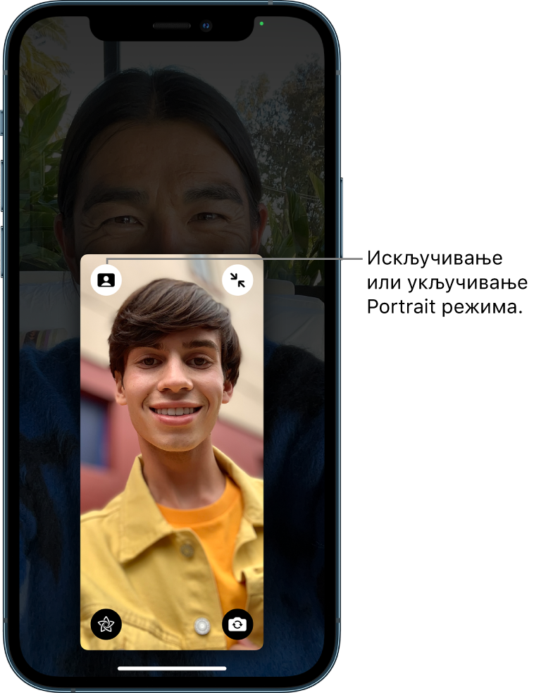 FaceTime позив са увећаном плочицом позиваоца и види се дугме у горњем левом углу плочице које служи за искључивање или укључивање режима Portrait.