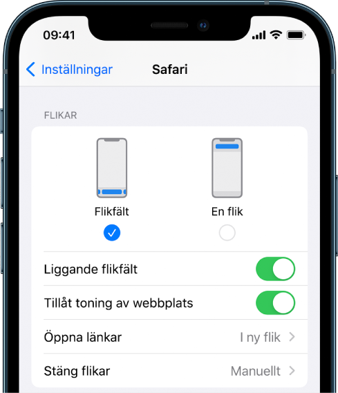 En skärm visar två layoutalternativ för Safari: Flikfält och En flik.
