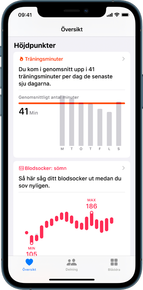 Skärmen Översikt med höjdpunkter som träningsminuter och blodsocker under sömn.