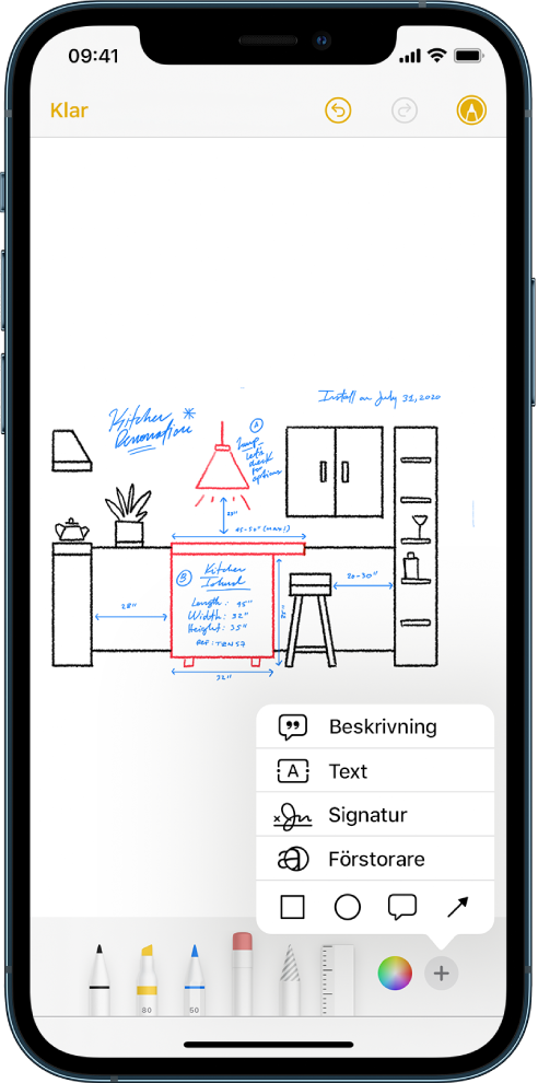 En ritning över ombyggnationen av ett kök visas med märkningsverktygen längst ned på skärmen. En meny med alternativ för att lägga till en beskrivning, text, en signatur, ett förstoringsglas och former visas i det nedre högra hörnet.