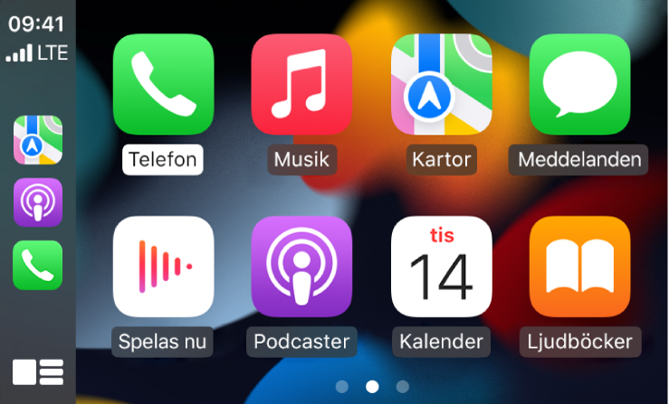 Hemskärmen för CarPlay med symboler för Telefon, Musik, Kartor, Meddelanden, Spelas nu, Podcaster, Ljudböcker och Kalender.