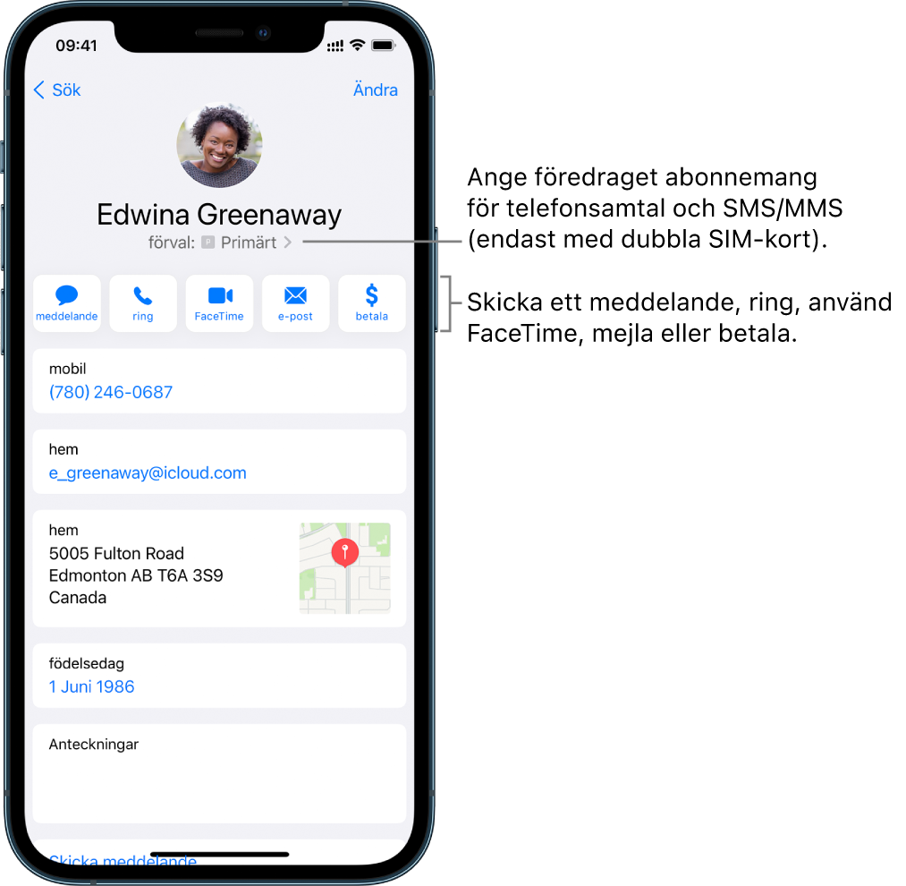 Infoskärmen för en kontakt. Högst upp visas kontaktens bild och namn. Under finns knapparna för att skicka ett meddelande, ringa ett telefonsamtal, ringa ett FaceTime-samtal, skicka ett mejl och skicka pengar med Apple Pay. Nedanför knapparna finns kontaktinformationen.