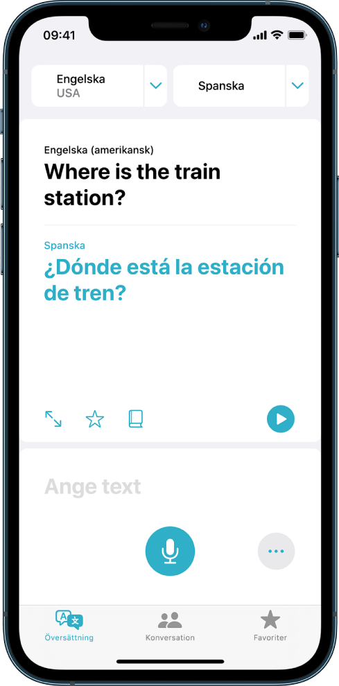 Fliken Översättning med två språkväljare – engelska och spanska – överst, en översättning i mitten och fältet Ange text långt ned.