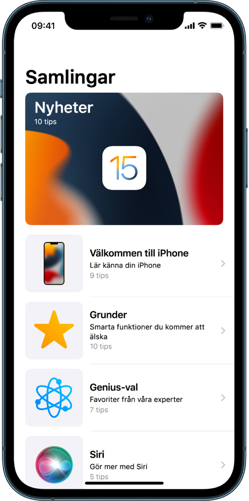 En skärm som visar samlingen med tips med högerpilar som indikerar att du kan trycka på en samling för att visa tipsen i den.