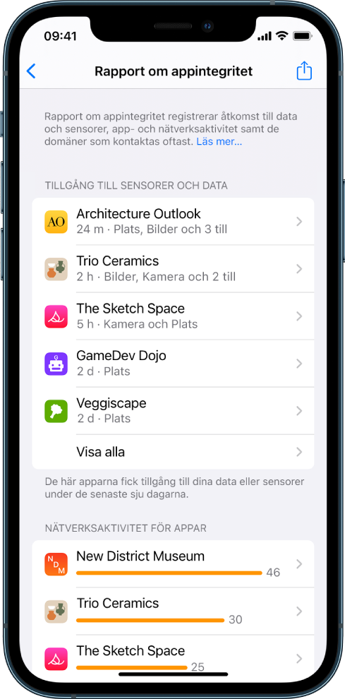 Rapport om appintegritet listar information om fem appar för kategorin Åtkomst till data och sensorer och information om tre appar för kategorin Nätverksaktivitet för appar.