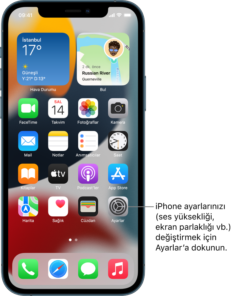 iPhone’unuzun ses yüksekliğini, ekran parlaklığını ve daha birçok şeyi değiştirmek için dokunabileceğiniz Ayarlar uygulamasının simgesi de dahil olmak üzere birçok uygulama simgesinin bulunduğu ana ekran.
