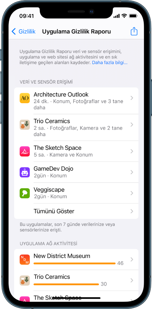 Uygulama Gizlilik Raporu, Veri ve Sensör Erişimi kategorisinde beş uygulama hakkındaki bilgileri ve Uygulama Ağ Aktivitesi kategorisinde üç uygulama hakkındaki bilgileri listeliyor.