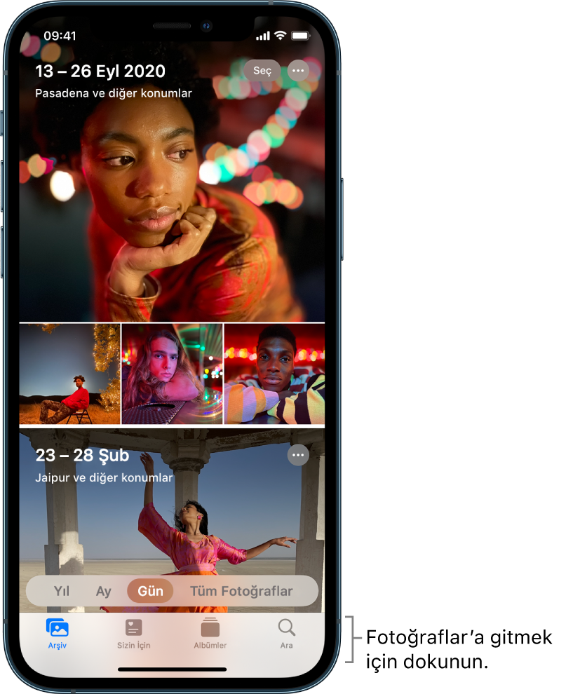 Gün görüntüsünde gösterilen fotoğraf arşivi. Bir fotoğraf seçkisinin küçük resimleri ekranı dolduruyor. Ekranın sol üstünde fotoğrafların seçildiği tarih ve yer var. Sağ üstte fotoğraf seçmek ve ayrıntılarını görmek için Seç ve Daha Fazla Seçenek düğmeleri var. Küçük resimlerin altında fotoğraf arşivini Yıl’a, Ay’a, Gün’e göre ve Tüm Fotoğraflar’ı görüntüleme seçenekleri var. En altta Arşiv, Sizin İçin, Albümler ve Ara düğmeleri var.
