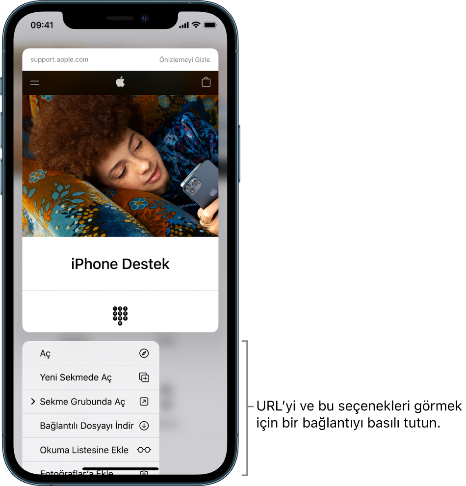 Hedef URL’nin bir önizlemesi ve olası eylemlerin bir listesi: Aç, Yeni Sekmede Aç, Sekme Grubunda Aç, Bağlantılı Dosyayı İndir, Okuma Listesine Ekle ve Fotoğraflar’a Ekle.