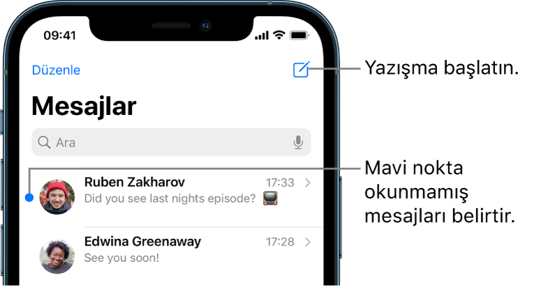 Sol üstte Düzenle düğmesi ve sağ üstte Oluştur düğmesi ile Mesajlar listesi. Mesajın solundaki bir mavi nokta mesajın okunmadığını belirtir.