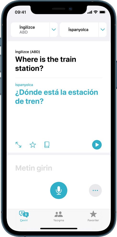 Çeviri sekmesinin en üstünde iki dil seçici (İngilizce ve İspanyolca), orta kısmında bir çeviri ve alt tarafında Metin Gir alanı gösteriliyor.