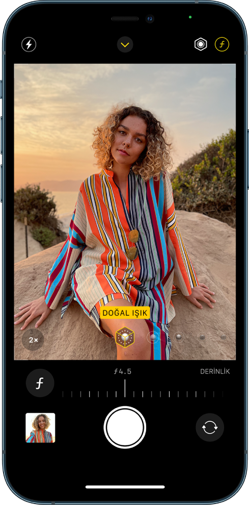 Portre modunda Kamera ekranı. Ekranın sağ üst köşesinde Derinlik Ayarlama düğmesi seçili. Vizörde Portre Işığı seçeneğinin Doğal Işık’a ayarlandığını gösteren bir kutu ve aydınlatma seçeneğini değiştirme sürgüsü var. Vizörün altında Derinlik Denetimi’ni ayarlama sürgüsü bulunuyor.