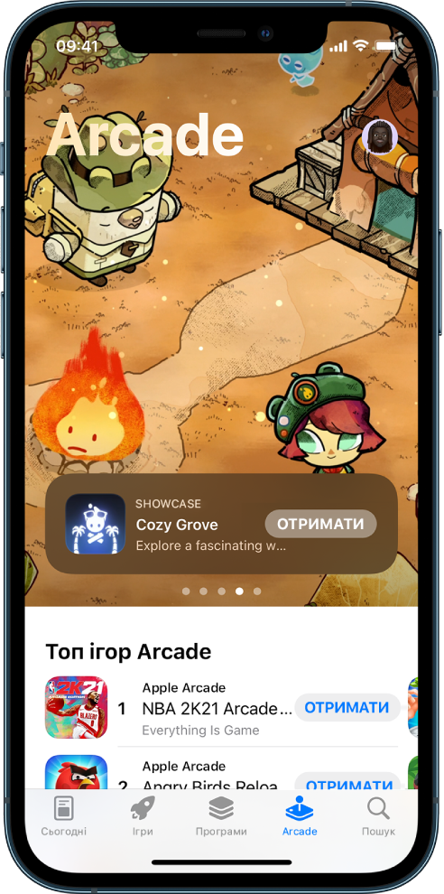 Екран Arcade в App Store, у верхній частині якого відображається гра, а в центрі — найпопулярніші аркадні ігри. Унизу зліва направо розміщено вкладки «Сьогодні», «Ігри», «Програми» та «Пошук».