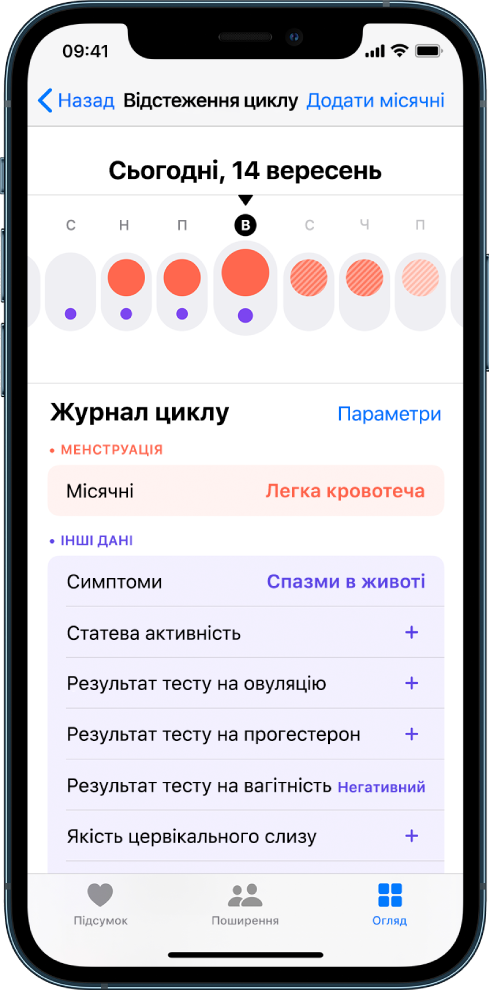 Екран «Відстеження циклу» в програмі «Здоров’я».