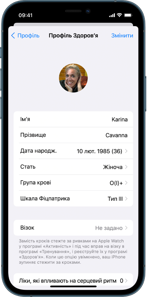Екран «Профіль Здоровʼя» для 36-річної жінки.