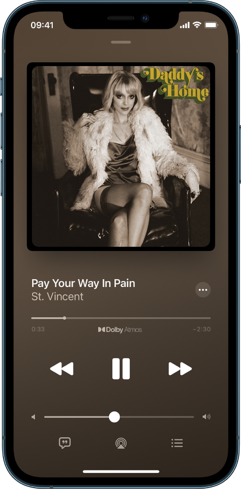 Екран «Зараз грає» зі значком Dolby Atmos під вказівником відтворення.