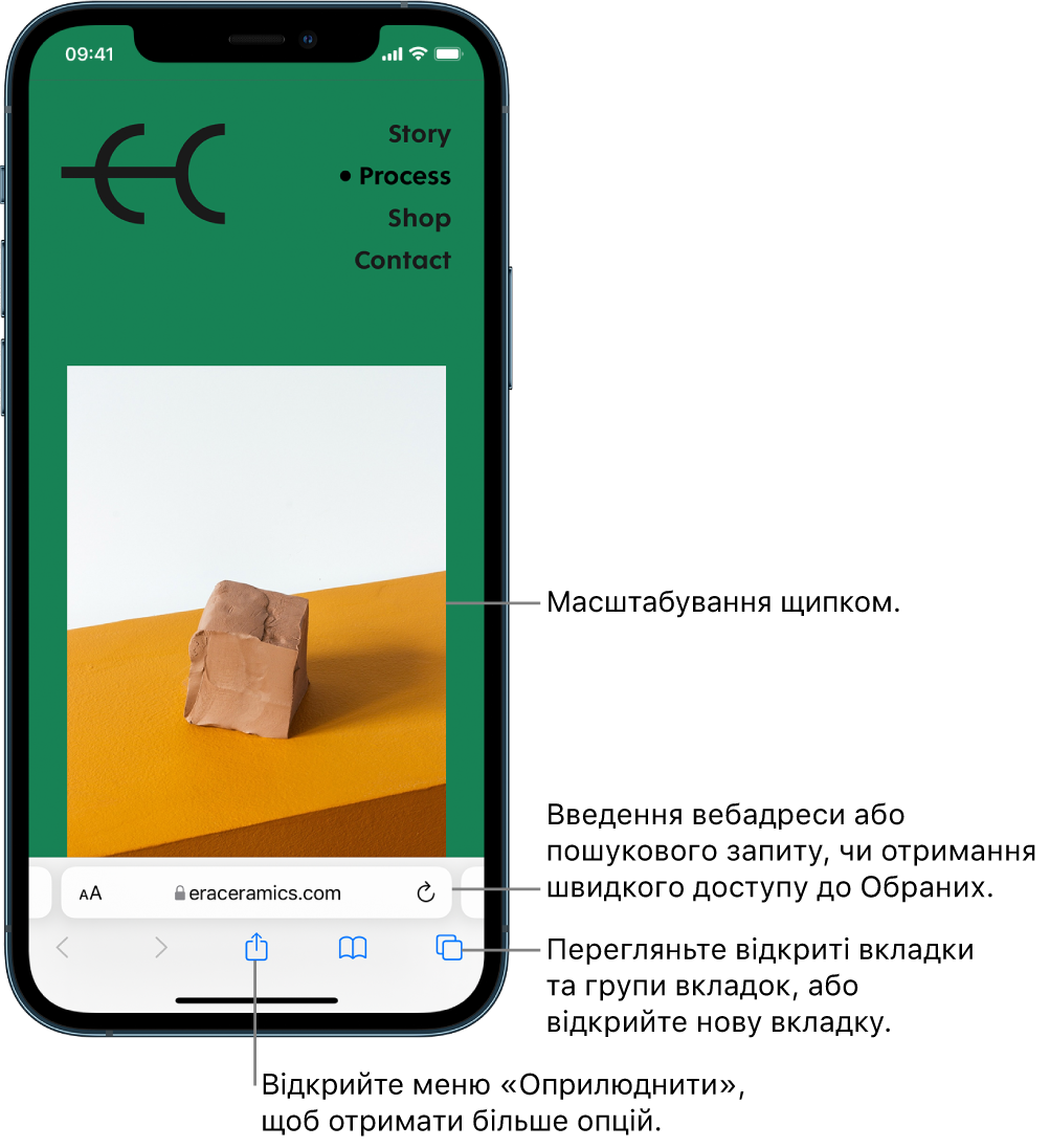 Вебсайт відкрито в Safari, унизу розташовано поле адреси. Унизу зліва направо розміщено кнопки «Назад», «Вперед», «Оприлюднити», «Закладки» та «Вкладки».
