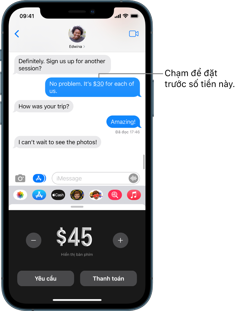 Cuộc hội thoại iMessage với ứng dụng Apple Pay được mở ở dưới cùng.