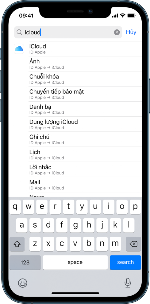 Màn hình tìm kiếm cài đặt, với trường tìm kiếm ở trên cùng. Chuỗi tìm kiếm “iCloud” trong trường tìm kiếm và các cài đặt được tìm thấy nằm trong danh sách bên dưới.
