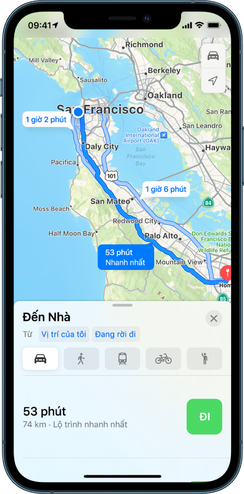 Một bản đồ lộ trình lái xe với nút Đi ở dưới cùng bên phải.