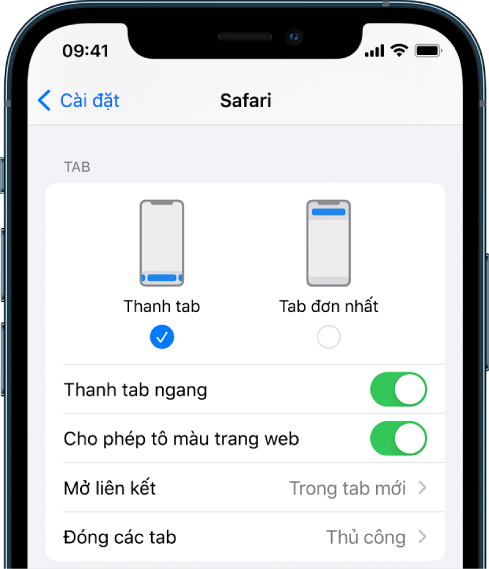 Một màn hình đang hiển thị hai tùy chọn bố cục Safari: Thanh tab và Tab đơn nhất.