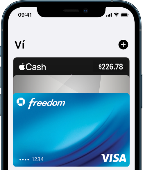 Nửa trên của màn hình Ví, đang hiển thị một vài thẻ tín dụng và ghi nợ. Nút Thêm nằm ở góc phía trên cùng bên phải.