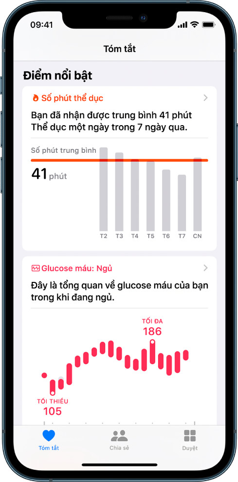 Một màn hình Tóm tắt đang hiển thị các điểm nổi bật bao gồm số phút thể dục và glucose máu trong khi đang ngủ.