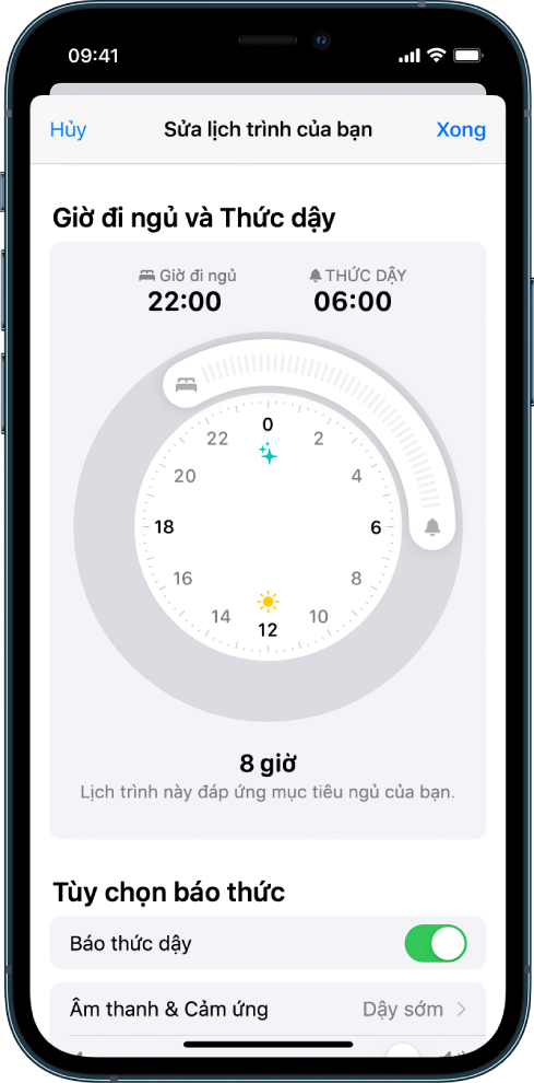 Một màn hình đang hiển thị giờ đi ngủ được đặt cho 10:00 tối hôm nay và thức dậy được đặt cho 6:00 sáng ngày mai. Báo thức dậy được bật và âm thanh báo thức là Dậy sớm.