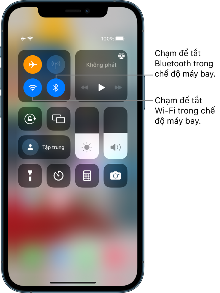 Trung tâm điều khiển với chế độ máy bay được bật. Trong nhóm các điều khiển ở trên cùng bên trái có nút Wi-Fi (dưới cùng bên trái) và nút Bluetooth (dưới cùng bên phải).