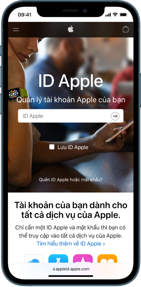 Màn hình Safari để đăng nhập vào tài khoản ID Apple của bạn.