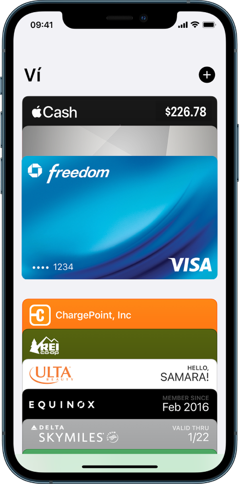 Màn hình Ví, đang hiển thị cạnh trên của một số thẻ tín dụng và ghi nợ cũng như các thẻ.