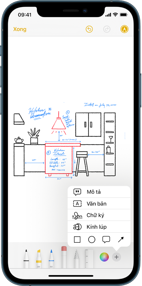 Một bản vẽ tu sửa nhà bếp được hiển thị với các công cụ Đánh dấu ở cuối màn hình. Menu với các lựa chọn để thêm mô tả, chữ ký, kính lúp và các hình dạng ở góc phía dưới bên phải.