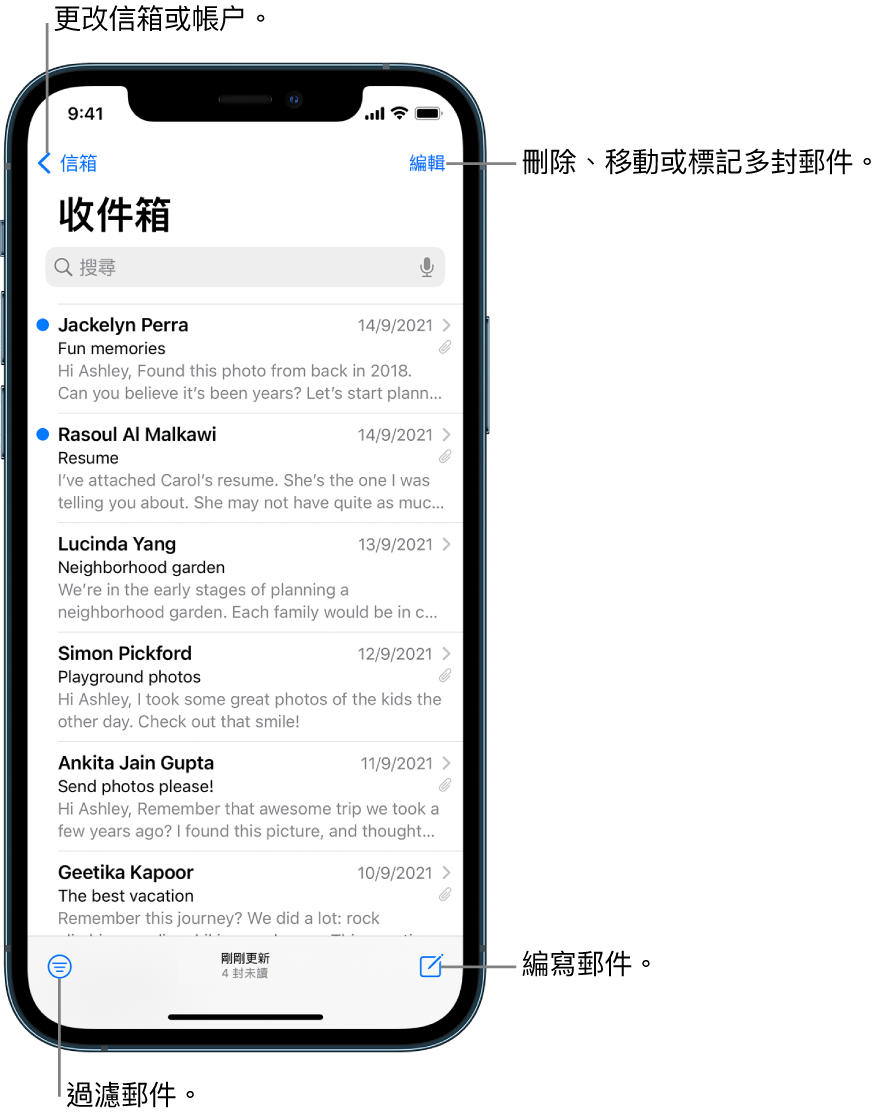「收件箱」顯示電郵列表。用來切換到其他信箱的「信箱」按鈕位於左上角。用來刪除、移動或標記電郵的「編輯」按鈕位於右上角。用來過濾電郵來只顯示特定種類電郵的按鈕位於左下角。用來編寫新電郵的按鈕則位於右下角。