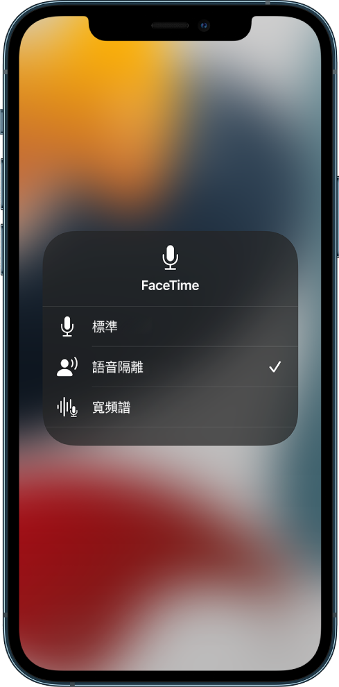 「控制中心」中適用於 FaceTime 通話的「咪高風模式」，顯示音訊設定：「標準」、「語音隔離」和「寬頻譜」。