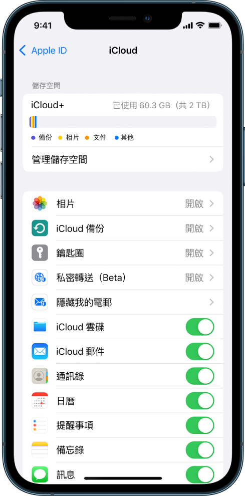 iCloud 設定畫面顯示 iCloud 儲存空間列表，以及可以配搭 iCloud 使用的 App 和功能列表，包括「郵件」、「通訊錄」、和「訊息」。